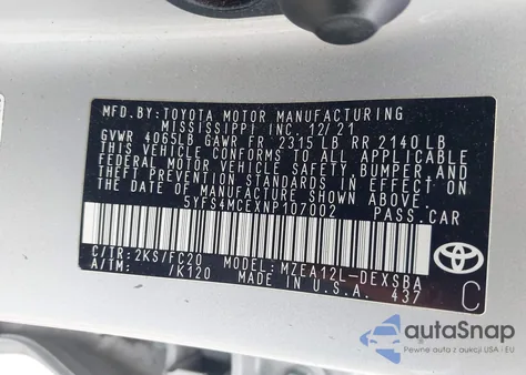 2022 Toyota Corolla Se из США, поврежденный, VIN 5YFS4MCEXNP107002